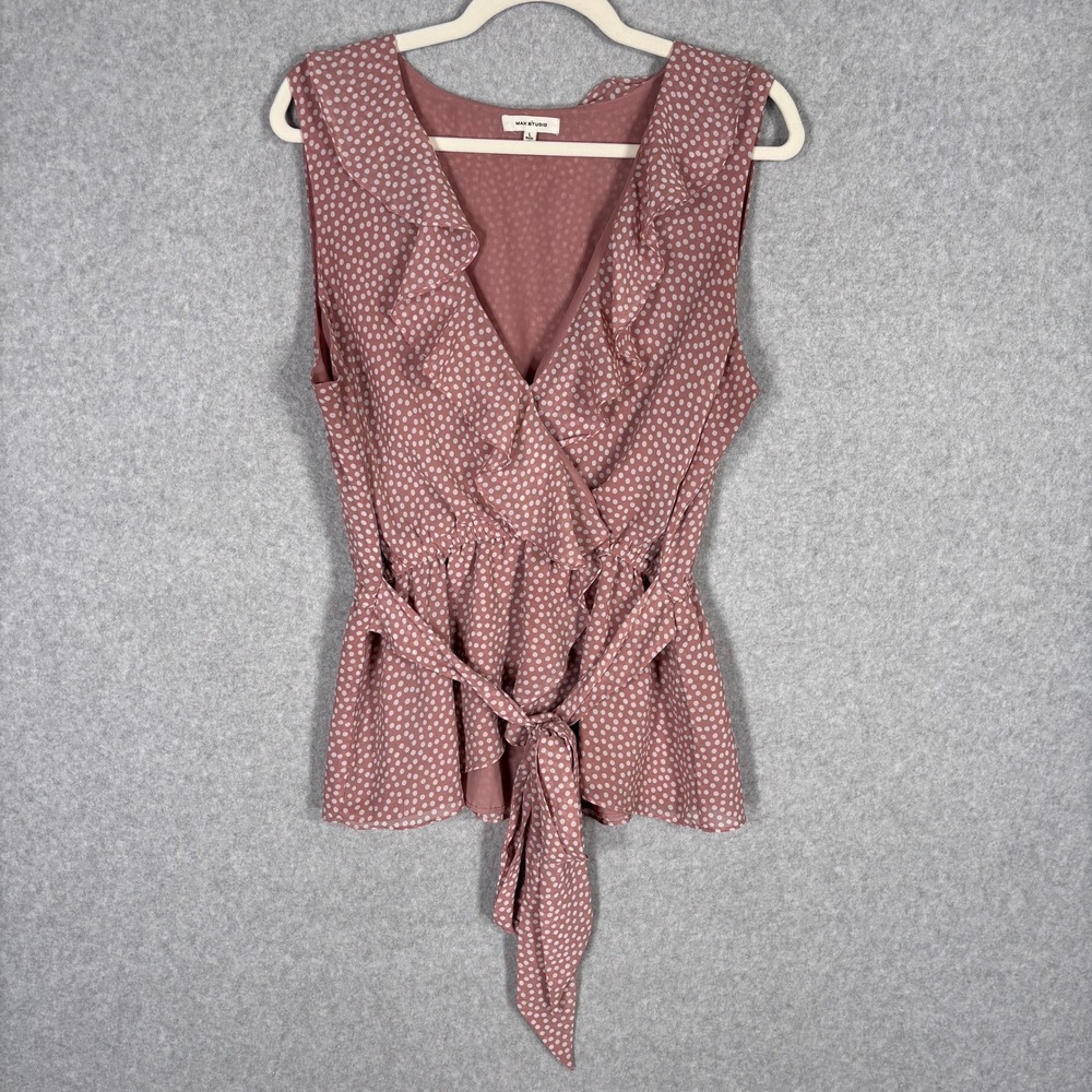 Max Studio Wrap Babydoll Ruffle Blouse Large Mauve Polka Dot Coquette Preppy